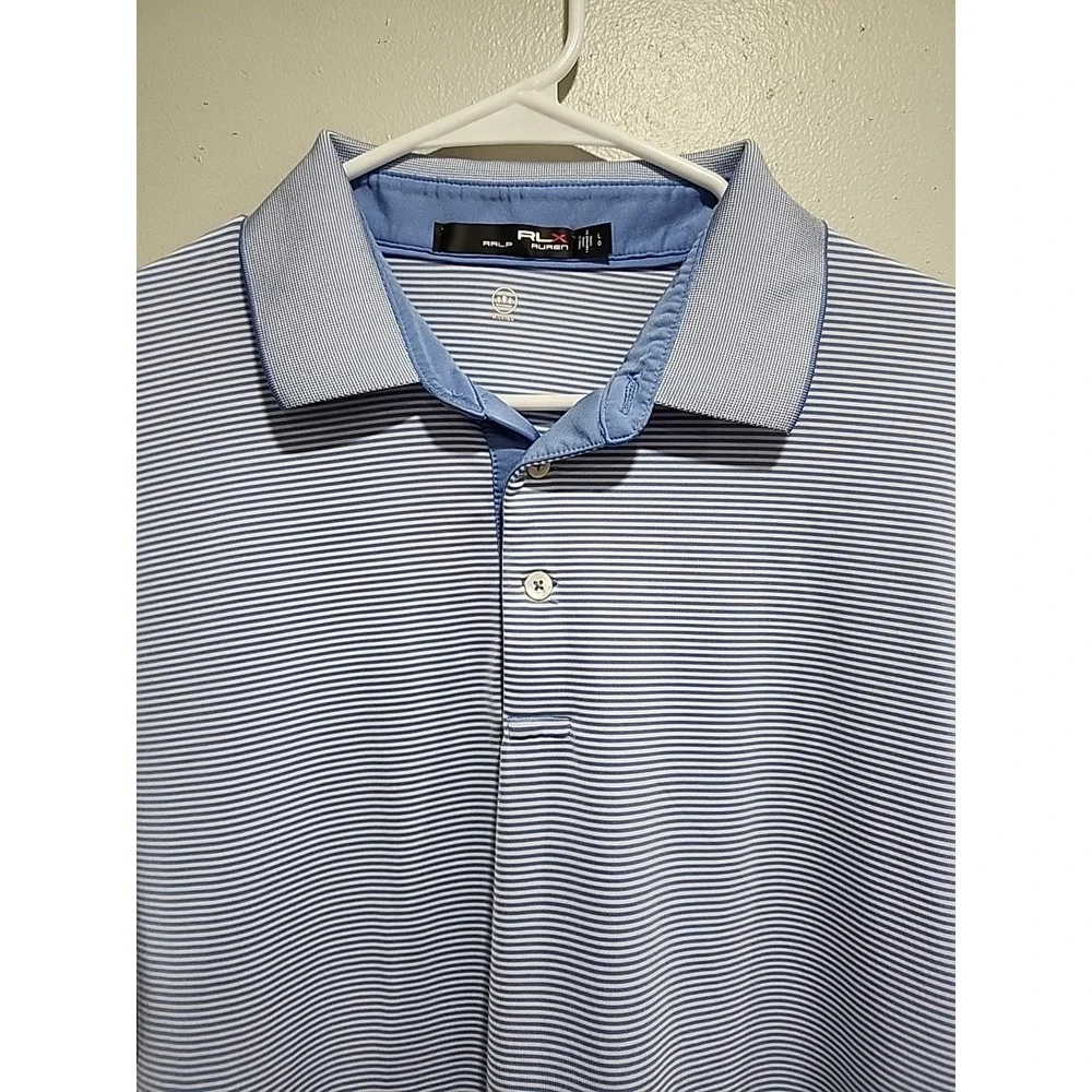 Ralph Lauren RLX Wicking Golf Polo, Mens L, Lt. Blue/White Striped Short Sleeve‎